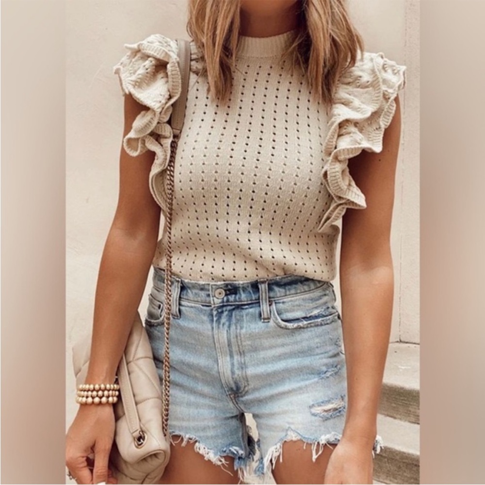 who what wear ruffle sleeve button up back cream sweater vest